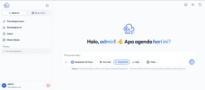 Tampilan Edig AI dengan Mode AI dan Mode Odoo, pilihan model AI, dan akun yang masuk lewat SSO