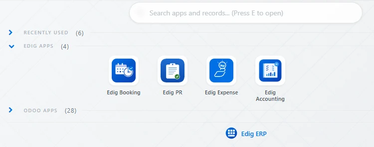 Menu aplikasi Odoo dengan modul Edig Apps: Edig Booking, Edig PR, Edig Expense, dan Edig Accounting
