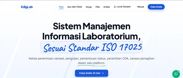 Halaman depan Edig Labs di ediglab.com: sistem manajemen informasi laboratorium sesuai standar ISO 17025