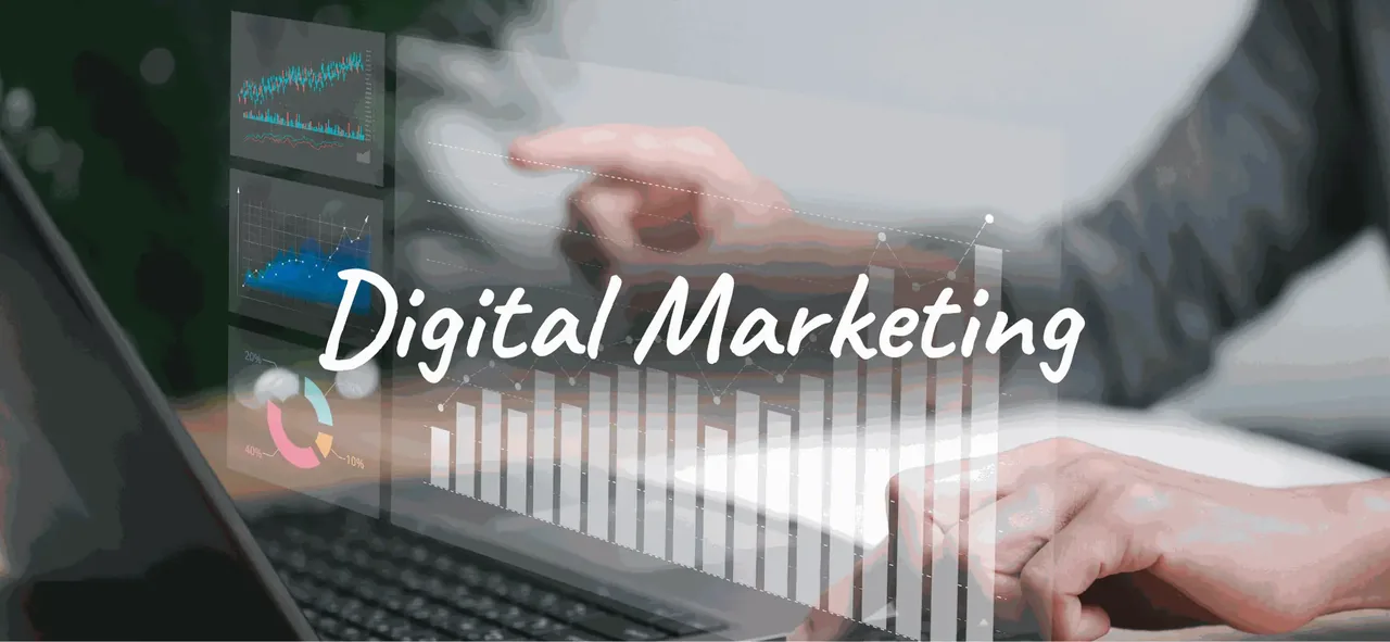 Tulisan Digital Marketing di atas grafik pada layar