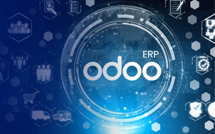Ilustrasi Odoo ERP dengan ikon proses bisnis